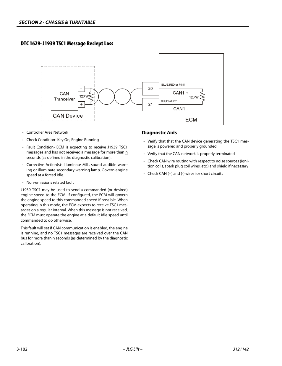 Dtc 1629- j1939 tsc1 message reciept loss, Dtc 1629- j1939 tsc1 message reciept loss -182 | JLG 1350SJP Service Manual User Manual | Page 228 / 554
