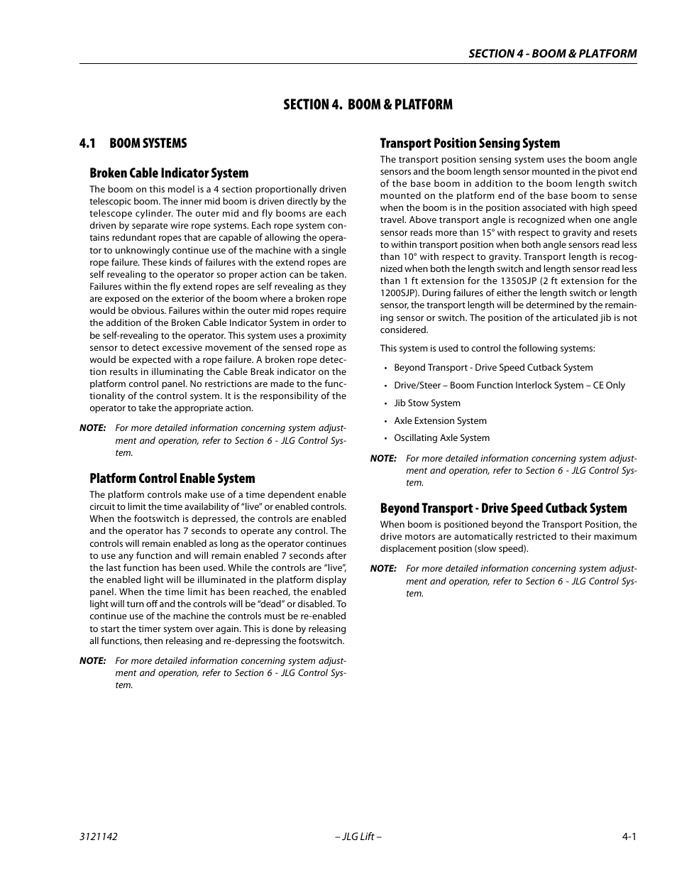 Section 4. boom & platform, 1 boom systems, Broken cable indicator system | Platform control enable system, Transport position sensing system, Beyond transport - drive speed cutback system, Section, 4 - boom & platform, Boom systems -1, 1 boom systems broken cable indicator system | JLG 1350SJP Service Manual User Manual | Page 235 / 554