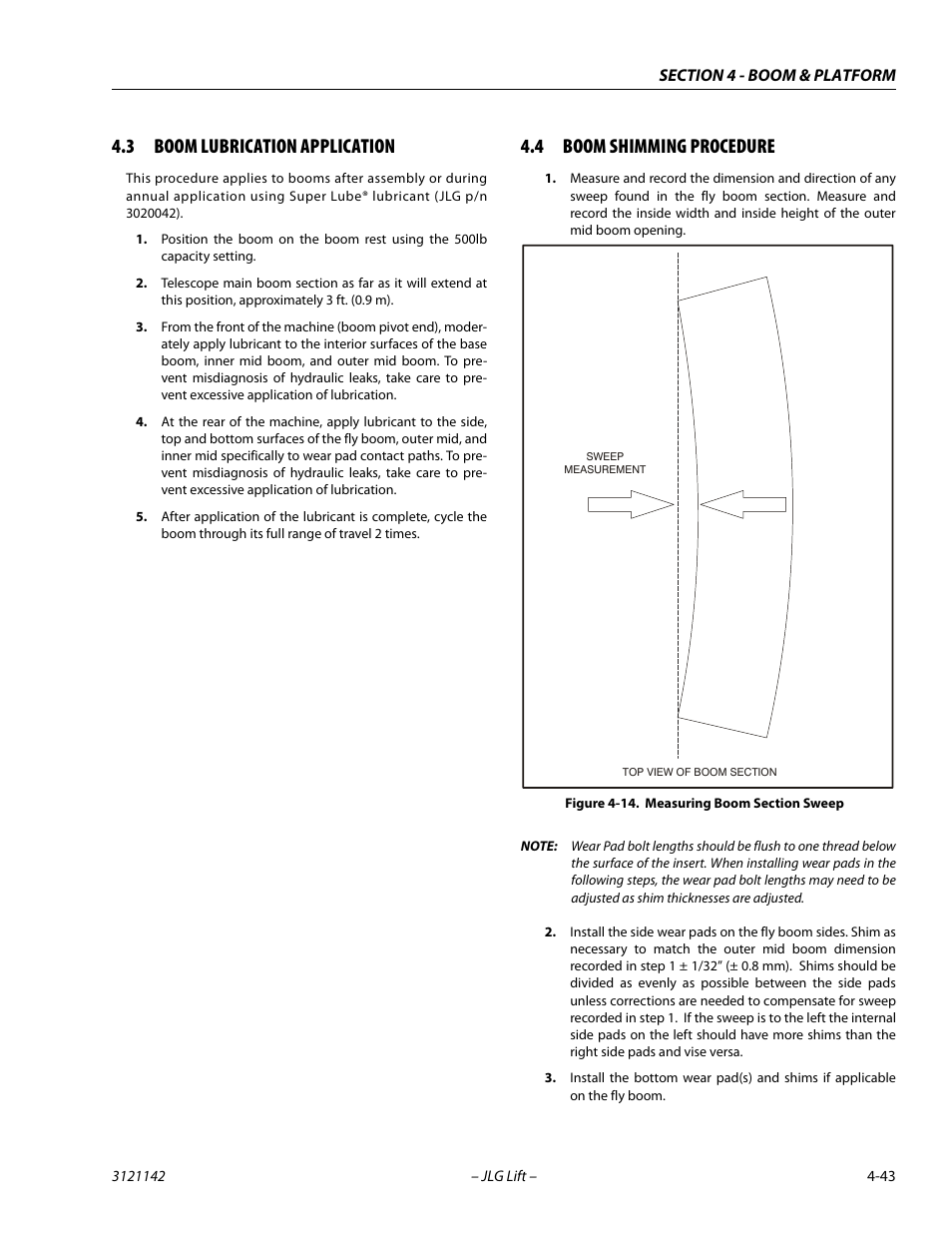 3 boom lubrication application, 4 boom shimming procedure, Boom lubrication application -43 | Boom shimming procedure -43, Measuring boom section sweep -43 | JLG 1350SJP Service Manual User Manual | Page 277 / 554