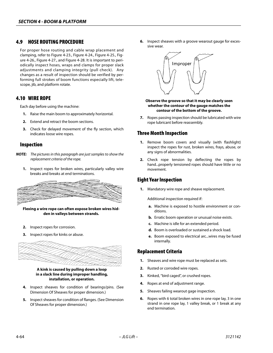9 hose routing procedure, 10 wire rope, Inspection | Three month inspection, Eight year inspection, Replacement criteria, Hose routing procedure -64, Wire rope -64 | JLG 1350SJP Service Manual User Manual | Page 298 / 554