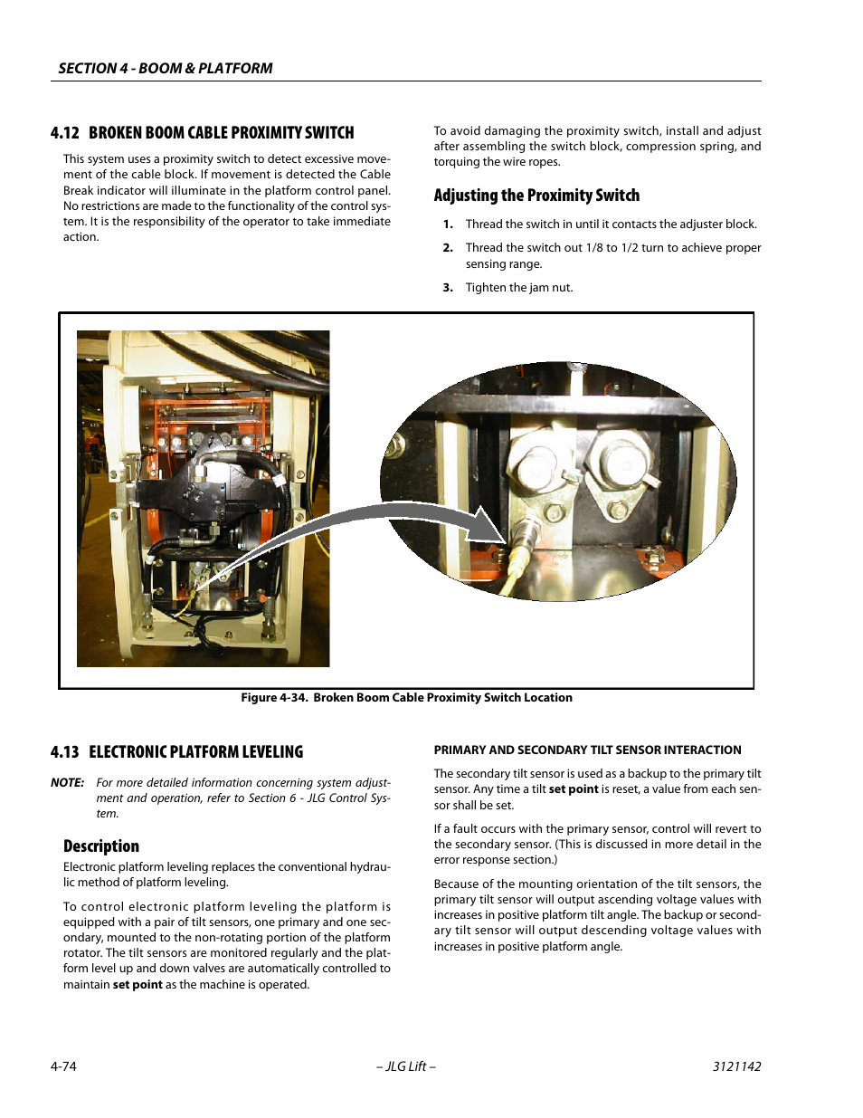 12 broken boom cable proximity switch, Adjusting the proximity switch, 13 electronic platform leveling | Description, Broken boom cable proximity switch -74, Adjusting the proximity switch -74, Electronic platform leveling -74, Description -74, Broken boom cable proximity switch location -74 | JLG 1350SJP Service Manual User Manual | Page 308 / 554