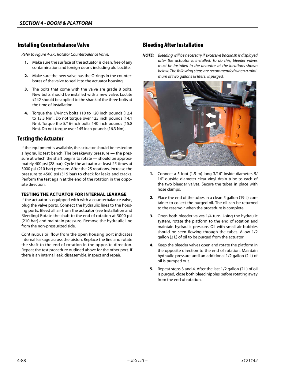 Installing counterbalance valve, Testing the actuator, Bleeding after installation | JLG 1350SJP Service Manual User Manual | Page 322 / 554