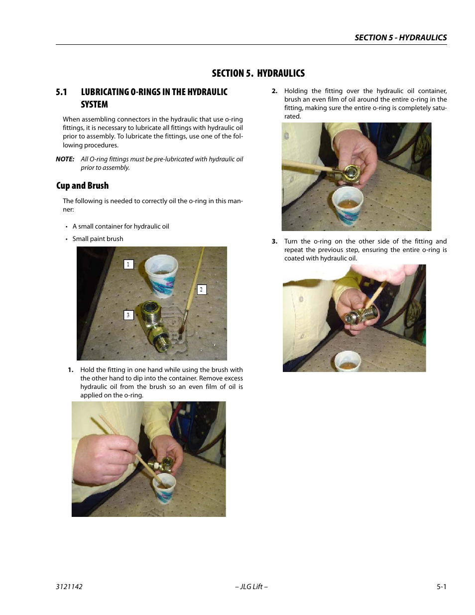 Section 5. hydraulics, 1 lubricating o-rings in the hydraulic system, Cup and brush | Section, 5 - hydraulics, Lubricating o-rings in the hydraulic system -1, Cup and brush -1 | JLG 1350SJP Service Manual User Manual | Page 325 / 554