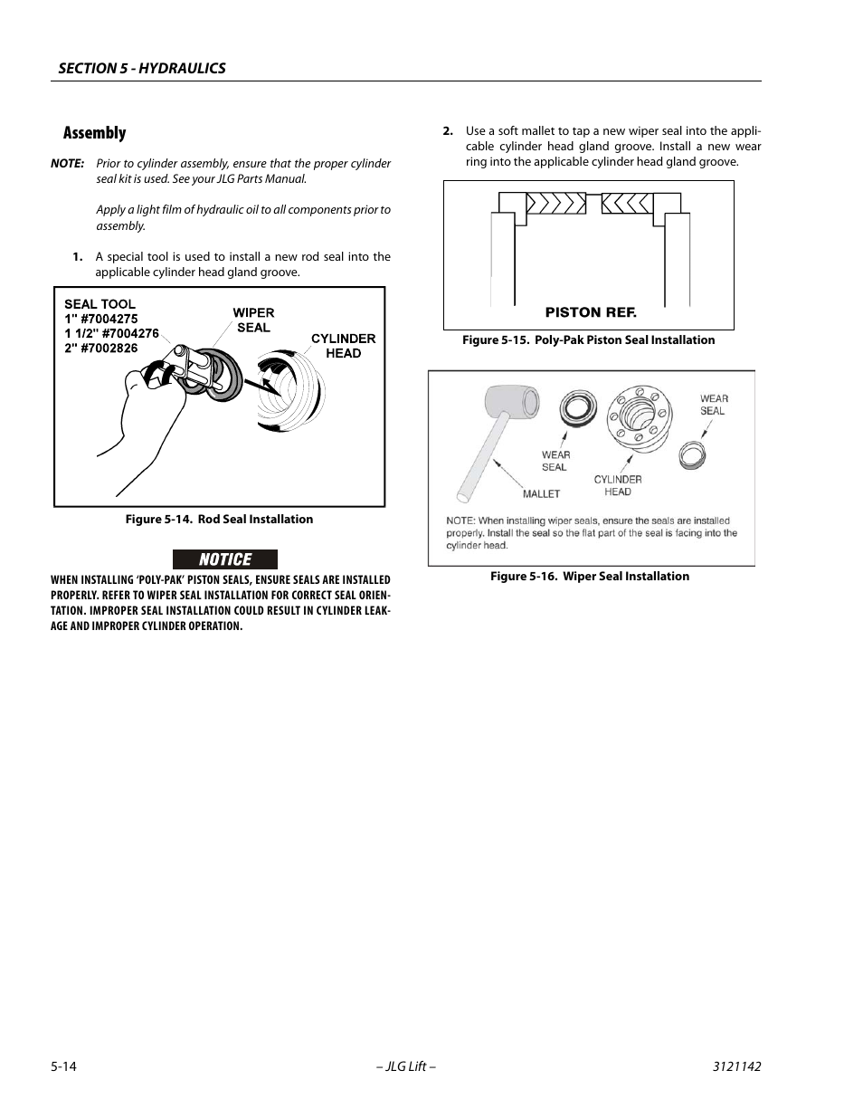 Assembly, Assembly -14, Rod seal installation -14 | Poly-pak piston seal installation -14, Wiper seal installation -14 | JLG 1350SJP Service Manual User Manual | Page 338 / 554
