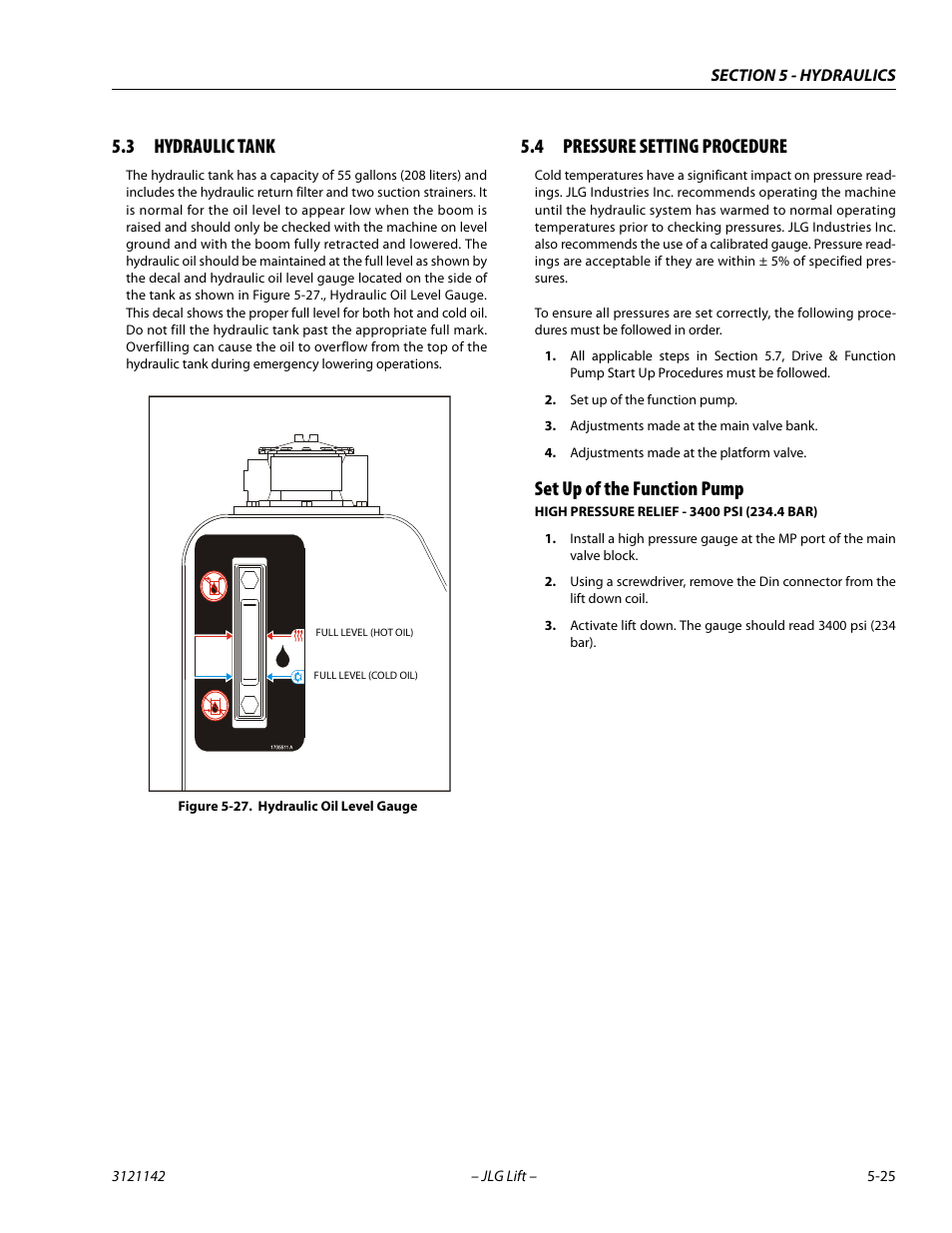 3 hydraulic tank, 4 pressure setting procedure, Set up of the function pump | Hydraulic tank -25, Pressure setting procedure -25, Set up of the function pump -25, Hydraulic oil level gauge -25 | JLG 1350SJP Service Manual User Manual | Page 349 / 554