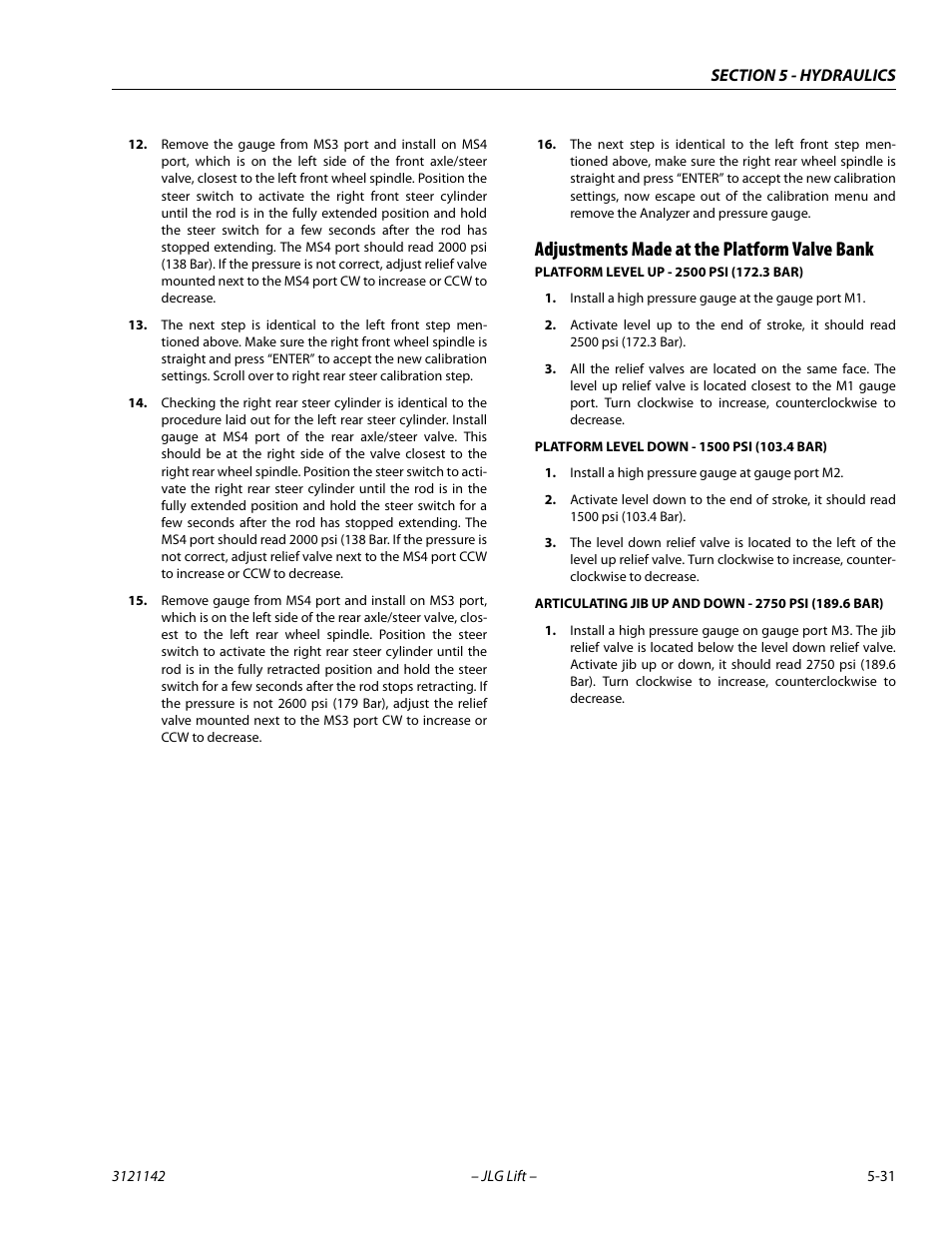 Adjustments made at the platform valve bank, Adjustments made at the platform valve bank -31 | JLG 1350SJP Service Manual User Manual | Page 355 / 554