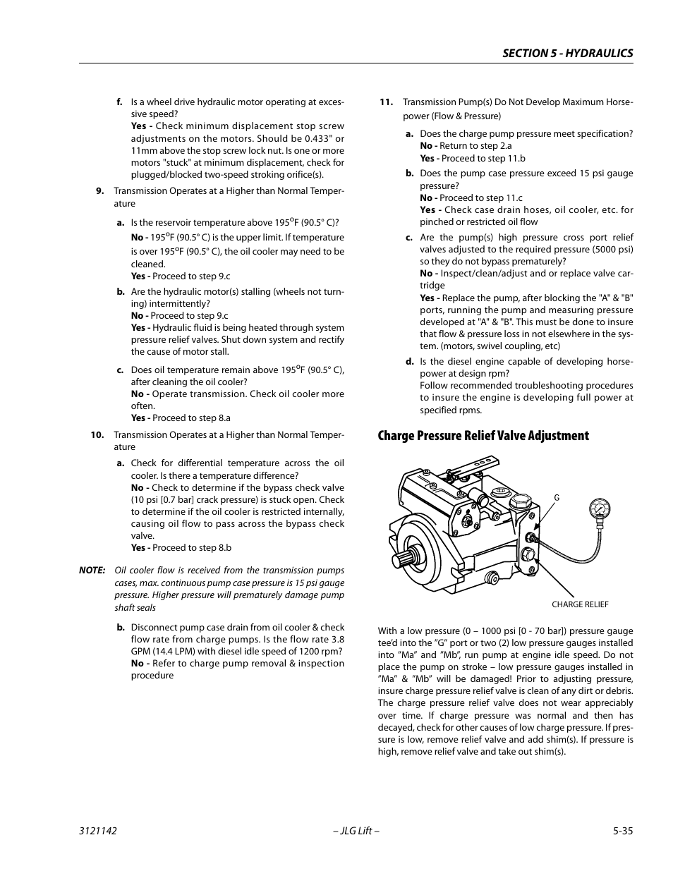 Charge pressure relief valve adjustment, Charge pressure relief valve adjustment -35 | JLG 1350SJP Service Manual User Manual | Page 359 / 554