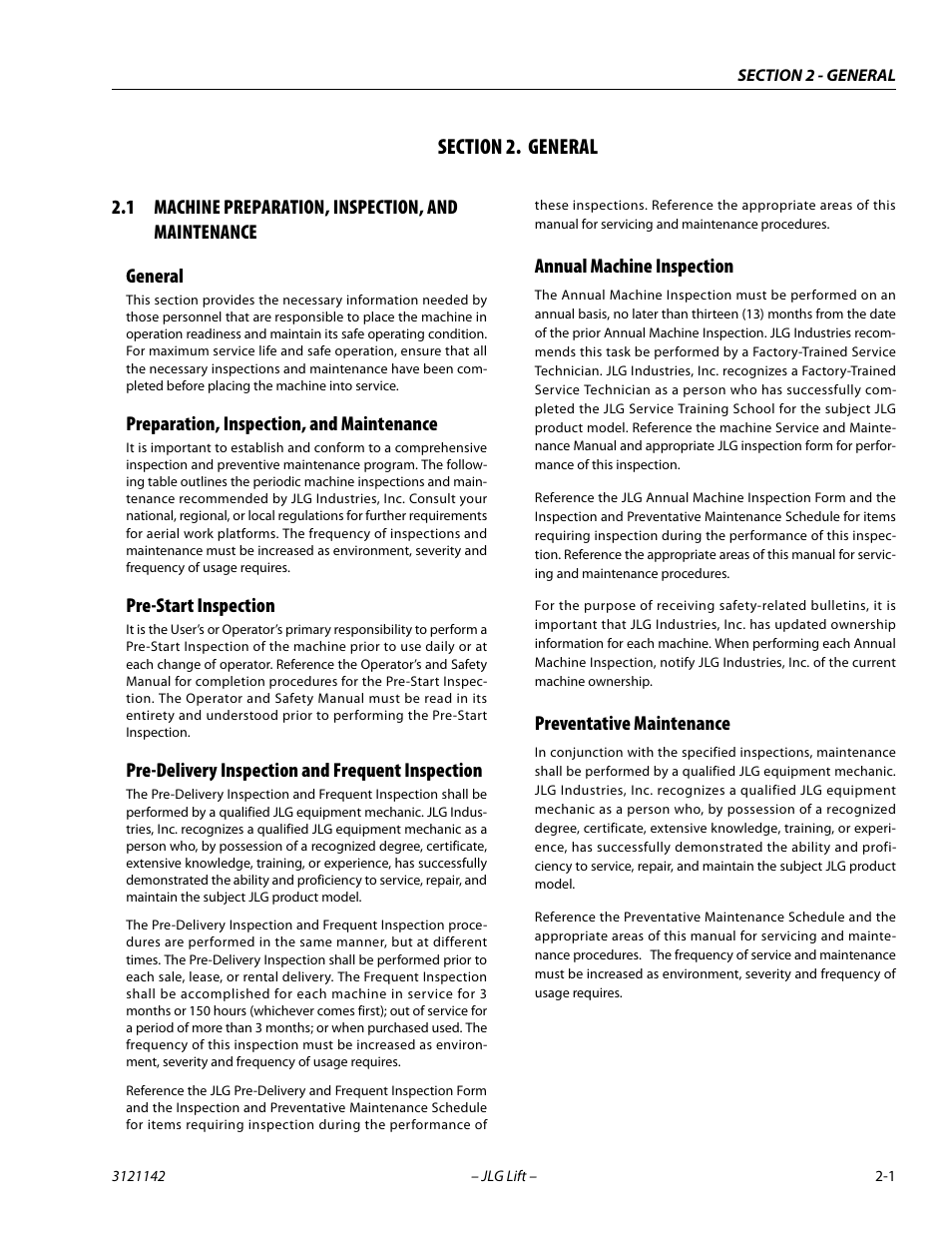Section 2. general, 1 machine preparation, inspection, and maintenance, General | Preparation, inspection, and maintenance, Pre-start inspection, Pre-delivery inspection and frequent inspection, Annual machine inspection, Preventative maintenance, Section, 2 - general | JLG 1350SJP Service Manual User Manual | Page 37 / 554