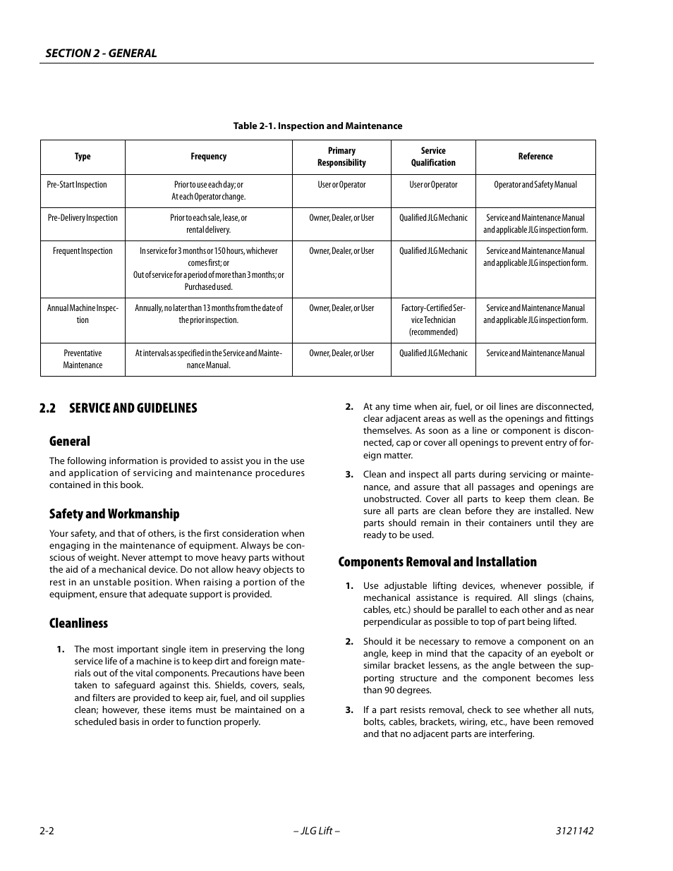 2 service and guidelines, General, Safety and workmanship | Cleanliness, Components removal and installation, Service and guidelines -2, Inspection and maintenance -2, 2 service and guidelines general | JLG 1350SJP Service Manual User Manual | Page 38 / 554