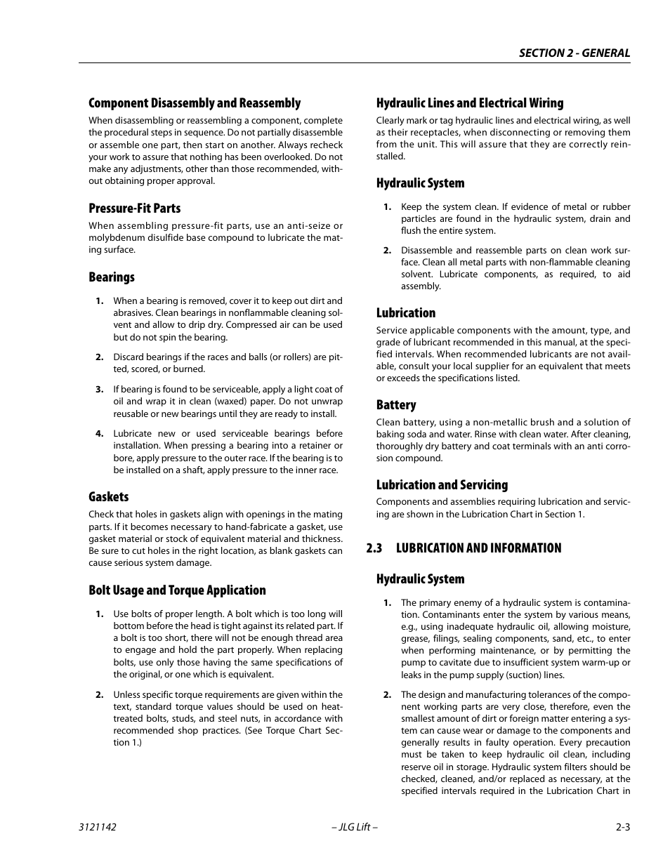 Component disassembly and reassembly, Pressure-fit parts, Bearings | Gaskets, Bolt usage and torque application, Hydraulic lines and electrical wiring, Hydraulic system, Lubrication, Battery, Lubrication and servicing | JLG 1350SJP Service Manual User Manual | Page 39 / 554