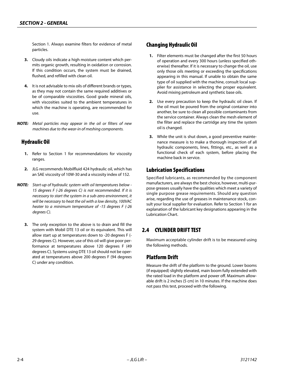 Hydraulic oil, Changing hydraulic oil, Lubrication specifications | 4 cylinder drift test, Platform drift, Cylinder drift test -4, Platform drift -4 | JLG 1350SJP Service Manual User Manual | Page 40 / 554