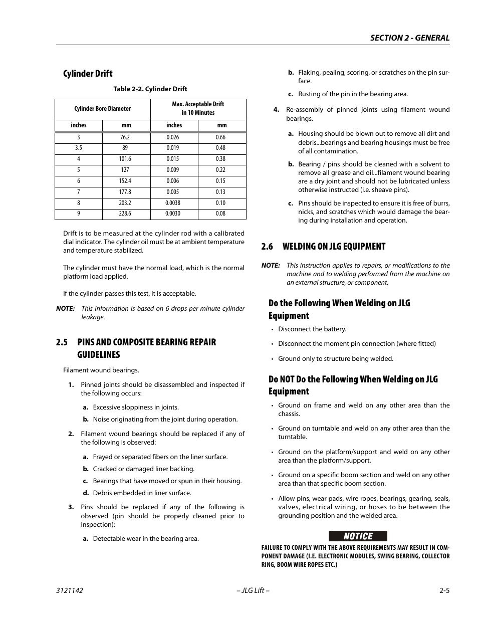 Cylinder drift, 5 pins and composite bearing repair guidelines, 6 welding on jlg equipment | Do the following when welding on jlg equipment, Cylinder drift -5, Pins and composite bearing repair guidelines -5, Welding on jlg equipment -5 | JLG 1350SJP Service Manual User Manual | Page 41 / 554