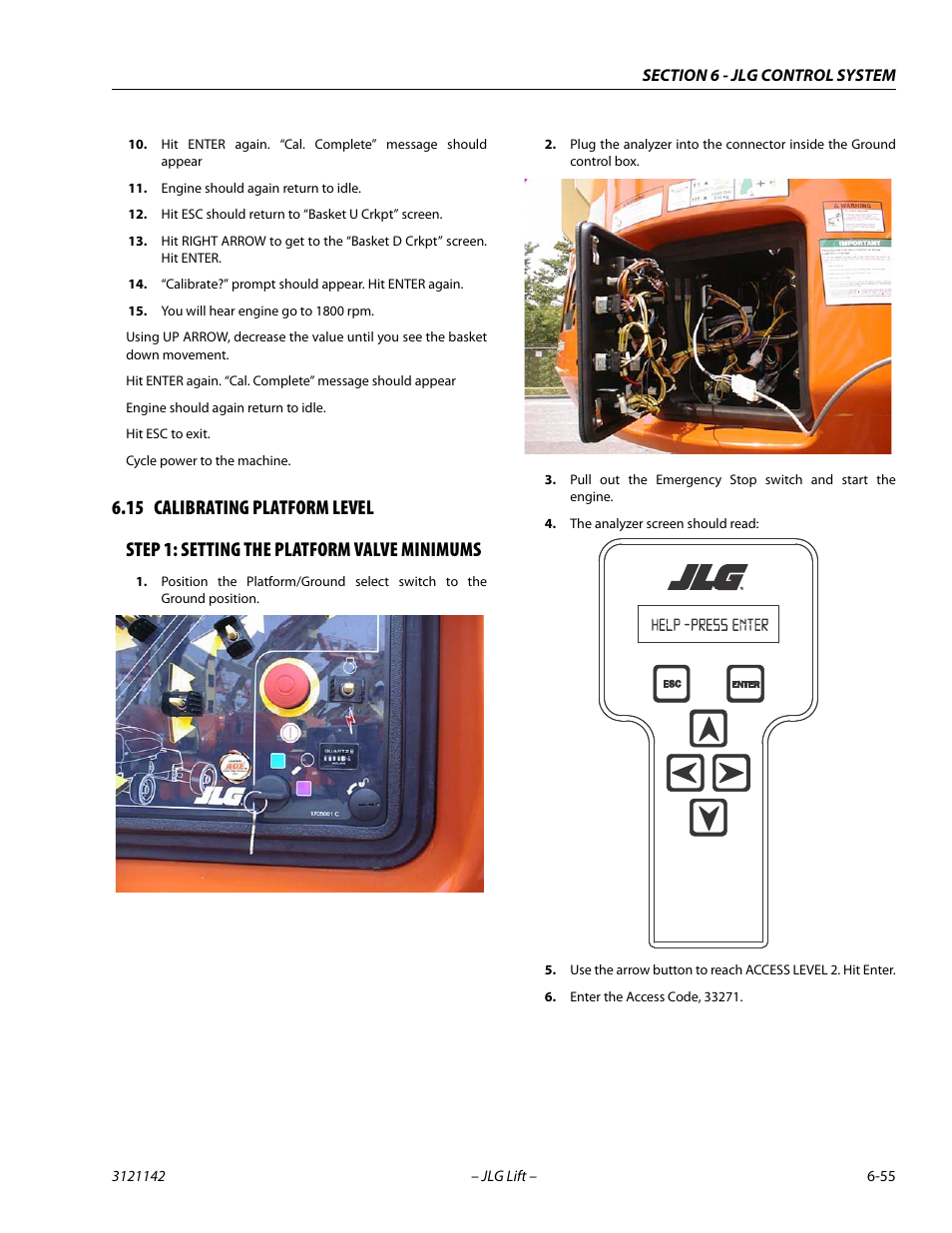 15 calibrating platform level, Step 1: setting the platform valve minimums, Calibrating platform level -55 | Step 1: setting the platform valve minimums -55 | JLG 1350SJP Service Manual User Manual | Page 431 / 554