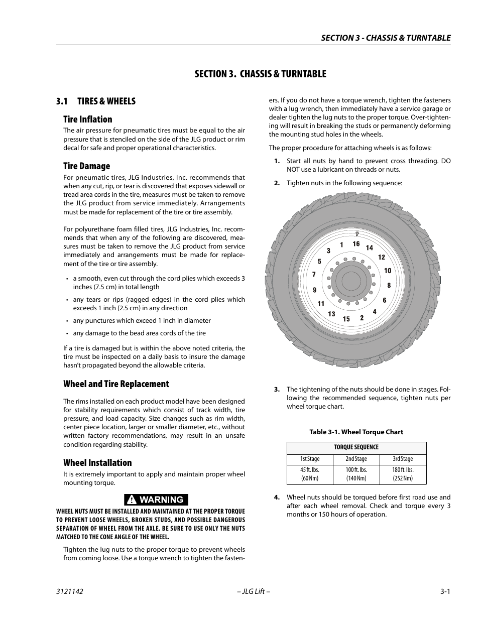 Section 3. chassis & turntable, 1 tires & wheels, Tire inflation | Tire damage, Wheel and tire replacement, Wheel installation, Section, 3 - chassis & turntable, Tires & wheels -1, Wheel torque chart -1 | JLG 1350SJP Service Manual User Manual | Page 47 / 554