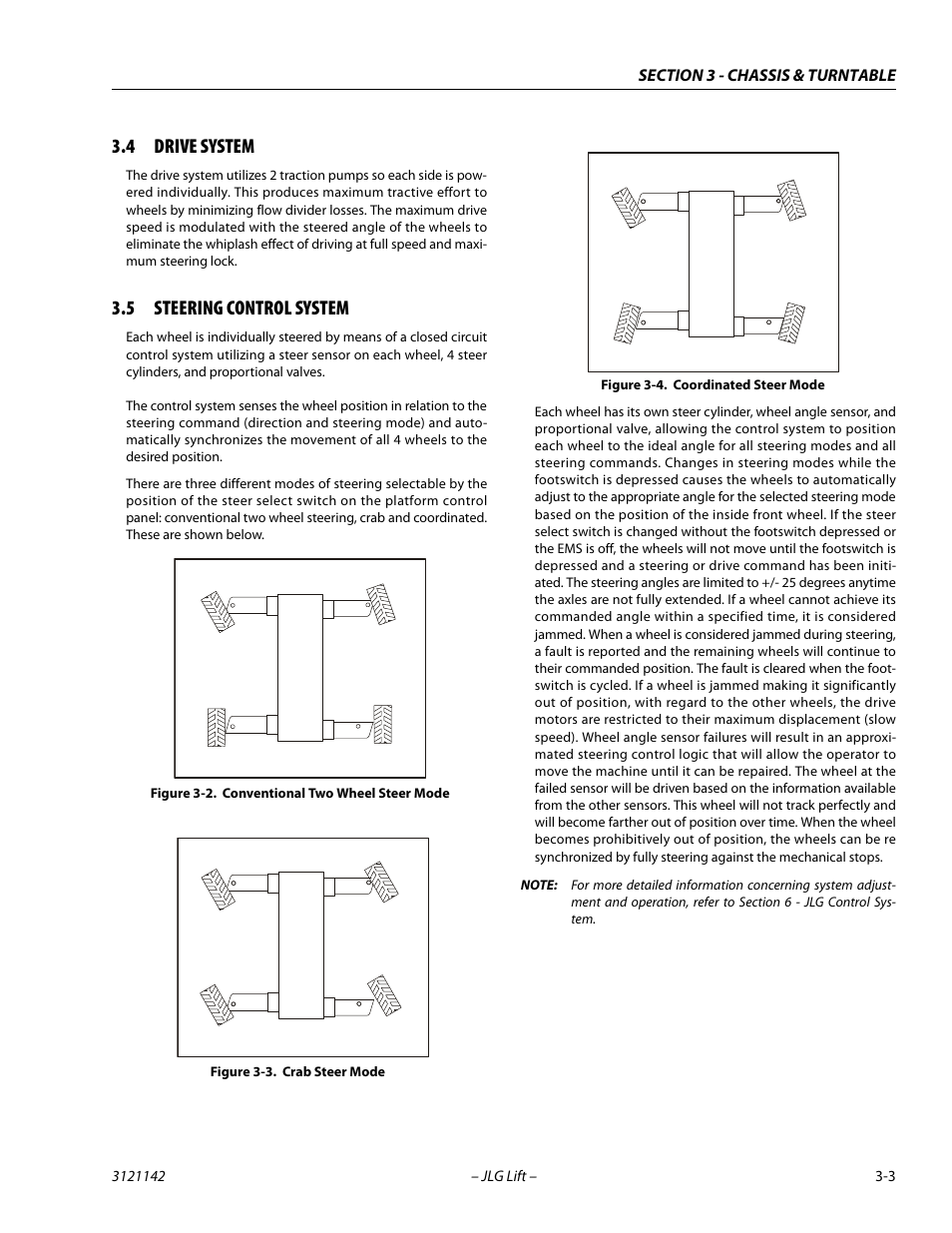 4 drive system, 5 steering control system, Drive system -3 | Steering control system -3, Conventional two wheel steer mode -3, Crab steer mode -3, Coordinated steer mode -3 | JLG 1350SJP Service Manual User Manual | Page 49 / 554