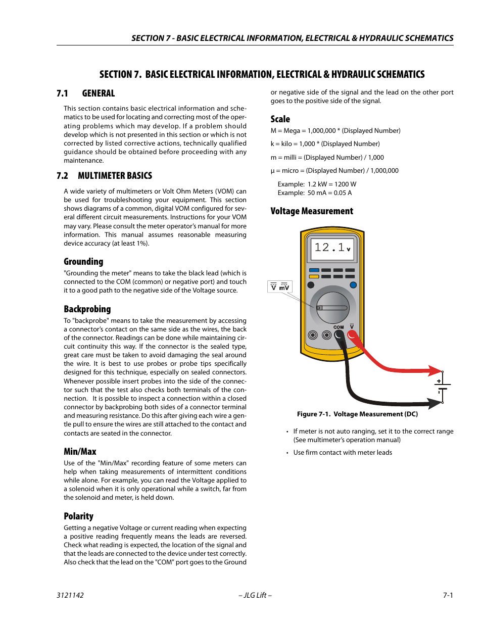 1 general, 2 multimeter basics, Grounding | Backprobing, Min/max, Polarity, Scale, Voltage measurement, Section, General -1 | JLG 1350SJP Service Manual User Manual | Page 509 / 554
