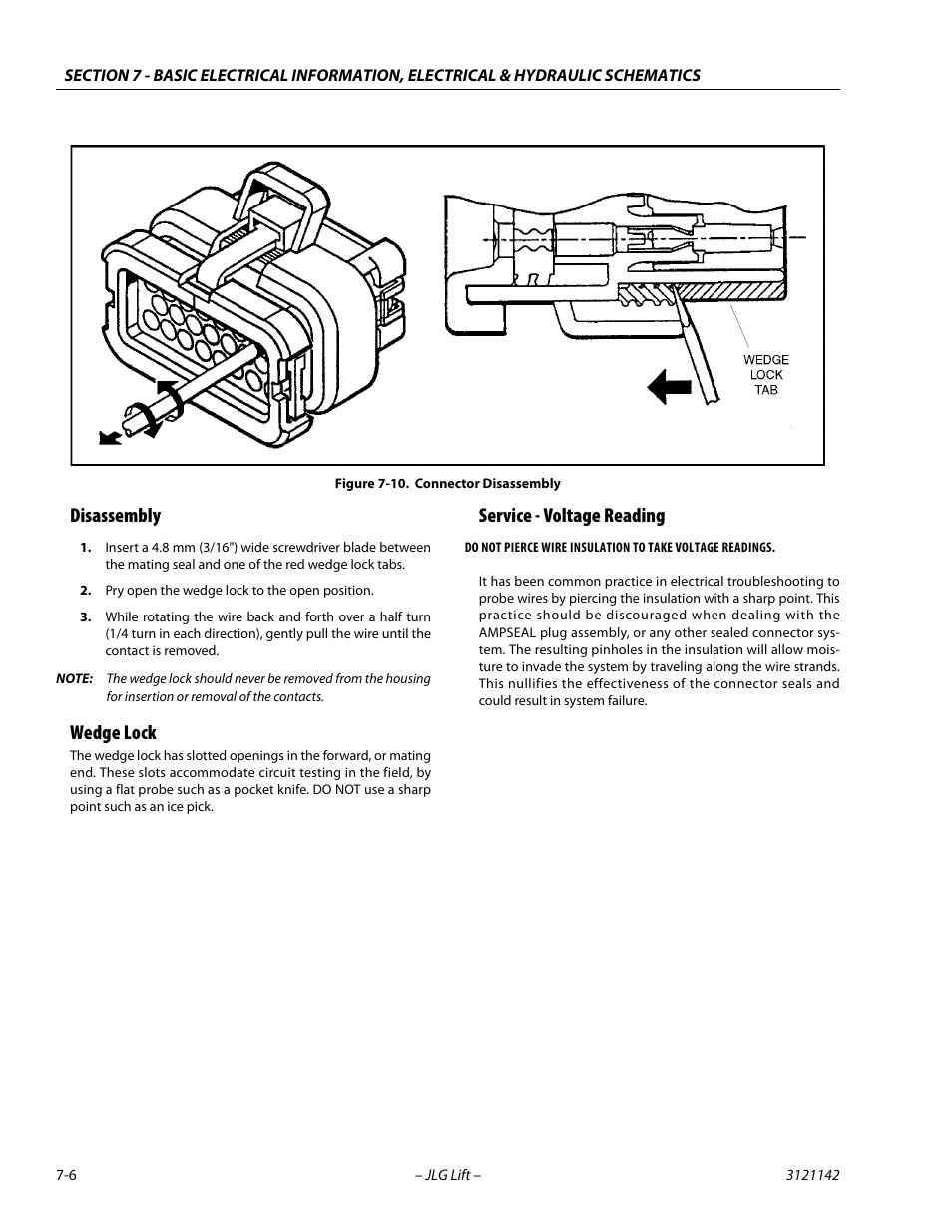 Disassembly, Wedge lock, Service - voltage reading | Connector disassembly -6 | JLG 1350SJP Service Manual User Manual | Page 514 / 554