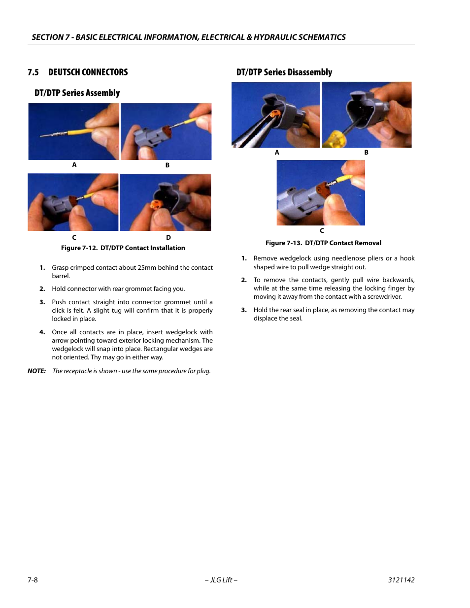 5 deutsch connectors, Dt/dtp series assembly, Dt/dtp series disassembly | Deutsch connectors -8, Dt/dtp contact installation -8, Dt/dtp contact removal -8, 5 deutsch connectors dt/dtp series assembly | JLG 1350SJP Service Manual User Manual | Page 516 / 554