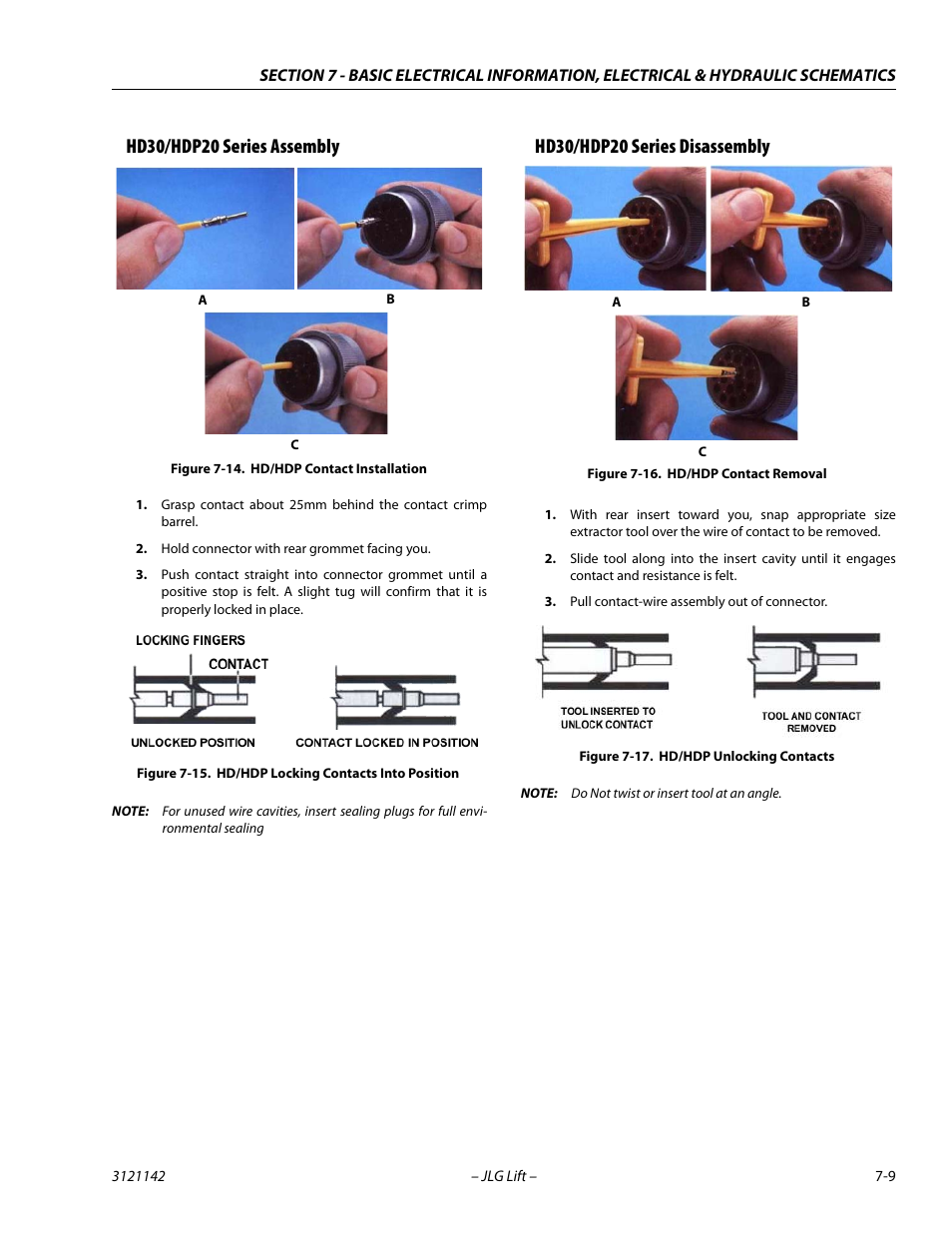Hd30/hdp20 series assembly, Hd30/hdp20 series disassembly, Hd/hdp contact installation -9 | Hd/hdp locking contacts into position -9, Hd/hdp contact removal -9, Hd/hdp unlocking contacts -9 | JLG 1350SJP Service Manual User Manual | Page 517 / 554