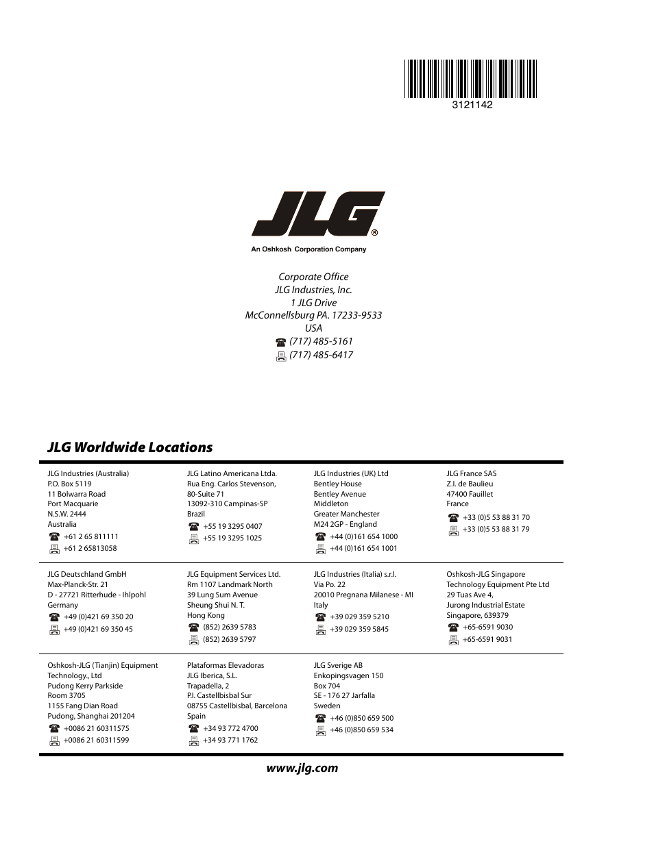 Jlg worldwide locations | JLG 1350SJP Service Manual User Manual | Page 554 / 554