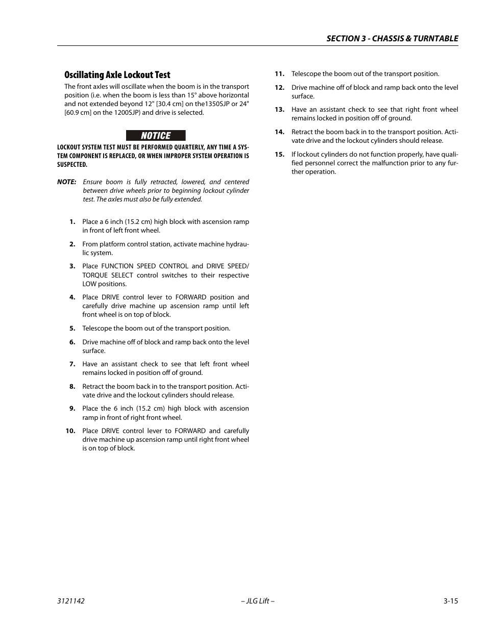 Oscillating axle lockout test, Oscillating axle lockout test -15 | JLG 1350SJP Service Manual User Manual | Page 61 / 554