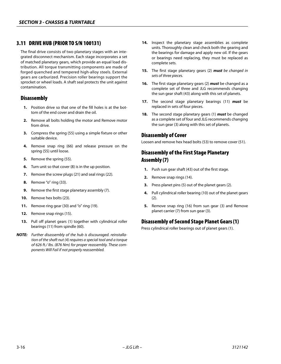 11 drive hub (prior to s/n 100131), Disassembly, Disassembly of cover | Disassembly of second stage planet gears (1), Drive hub (prior to s/n 100131) -16 | JLG 1350SJP Service Manual User Manual | Page 62 / 554