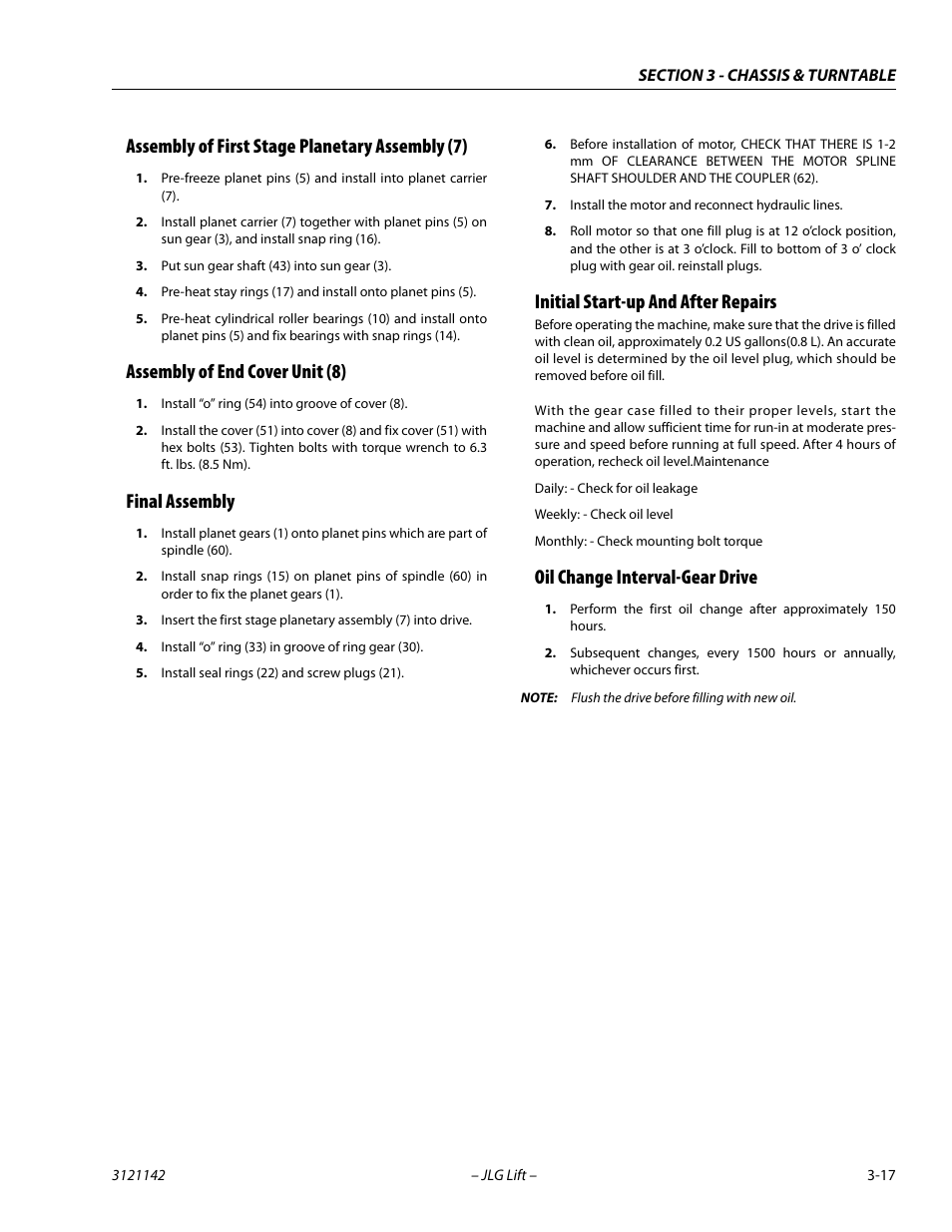 Assembly of first stage planetary assembly (7), Assembly of end cover unit (8), Final assembly | Initial start-up and after repairs, Oil change interval-gear drive | JLG 1350SJP Service Manual User Manual | Page 63 / 554