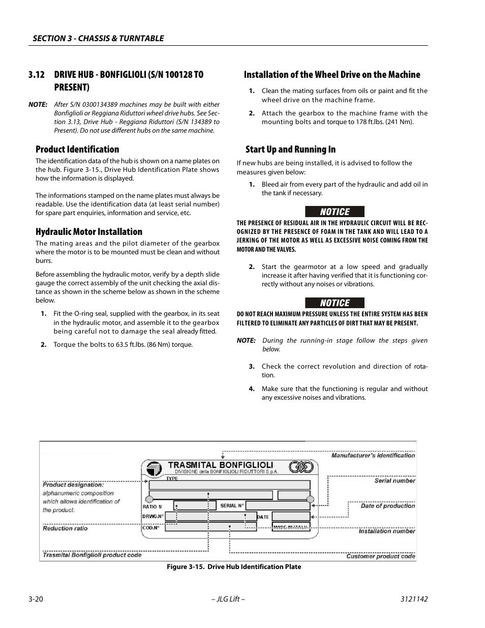 12 drive hub - bonfiglioli (s/n 100128 to present), Product identification, Hydraulic motor installation | Installation of the wheel drive on the machine, Start up and running in, Drive hub identification plate -20 | JLG 1350SJP Service Manual User Manual | Page 66 / 554