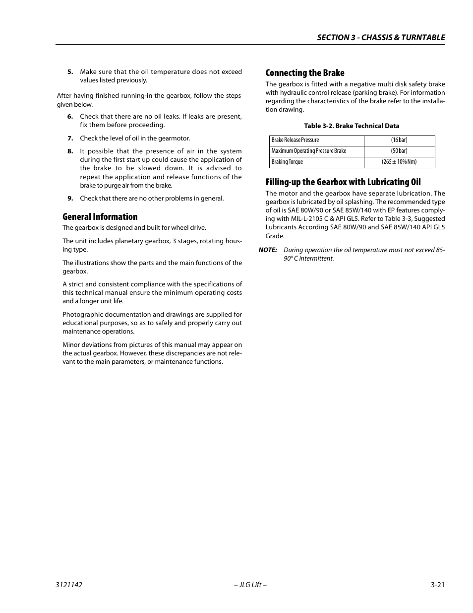 General information, Connecting the brake, Filling-up the gearbox with lubricating oil | Brake technical data -21 | JLG 1350SJP Service Manual User Manual | Page 67 / 554