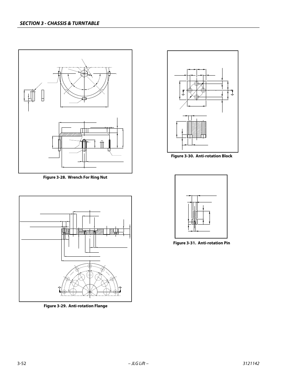 Wrench for ring nut -52, Anti-rotation flange -52, Anti-rotation block -52 | Anti-rotation pin -52, M- 1020, M- 1126, M- 1125, Figure 3-28. wrench for ring nut, Figure 3-29. anti-rotation flange, Figure 3-30. anti-rotation block | JLG 1350SJP Service Manual User Manual | Page 98 / 554