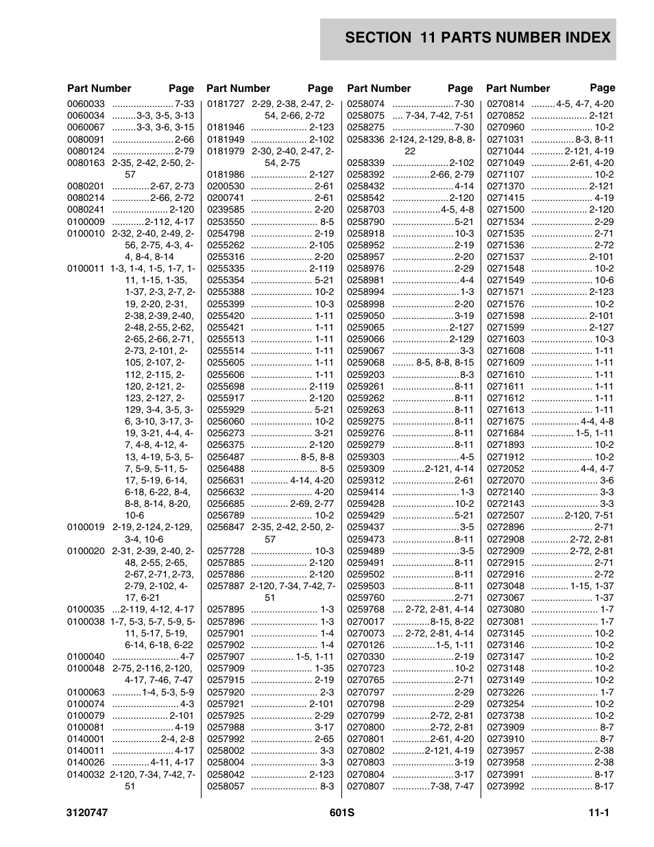 Section 11 parts number index, 11 - parts number index -1 | JLG 601S ANSI Parts Manual User Manual | Page 369 / 384