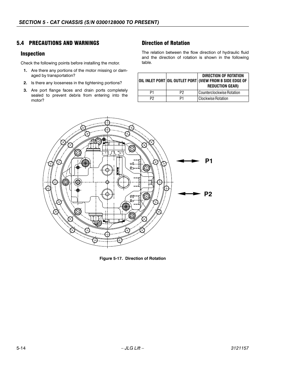 4 precautions and warnings, Inspection, Direction of rotation | Precautions and warnings -14, Inspection -14 direction of rotation -14, Direction of rotation -14 | JLG 600SC_660SJC Service Manual User Manual | Page 106 / 406