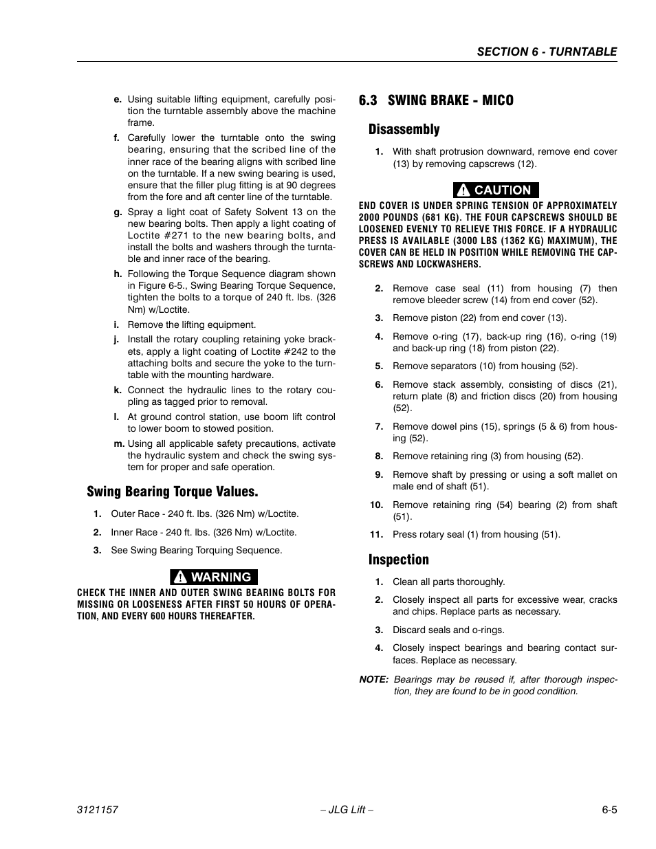 Swing bearing torque values, 3 swing brake - mico, Disassembly | Inspection, Swing bearing torque values -5, Swing brake - mico -5, Disassembly -5 inspection -5, 3 swing brake - mico disassembly | JLG 600SC_660SJC Service Manual User Manual | Page 151 / 406