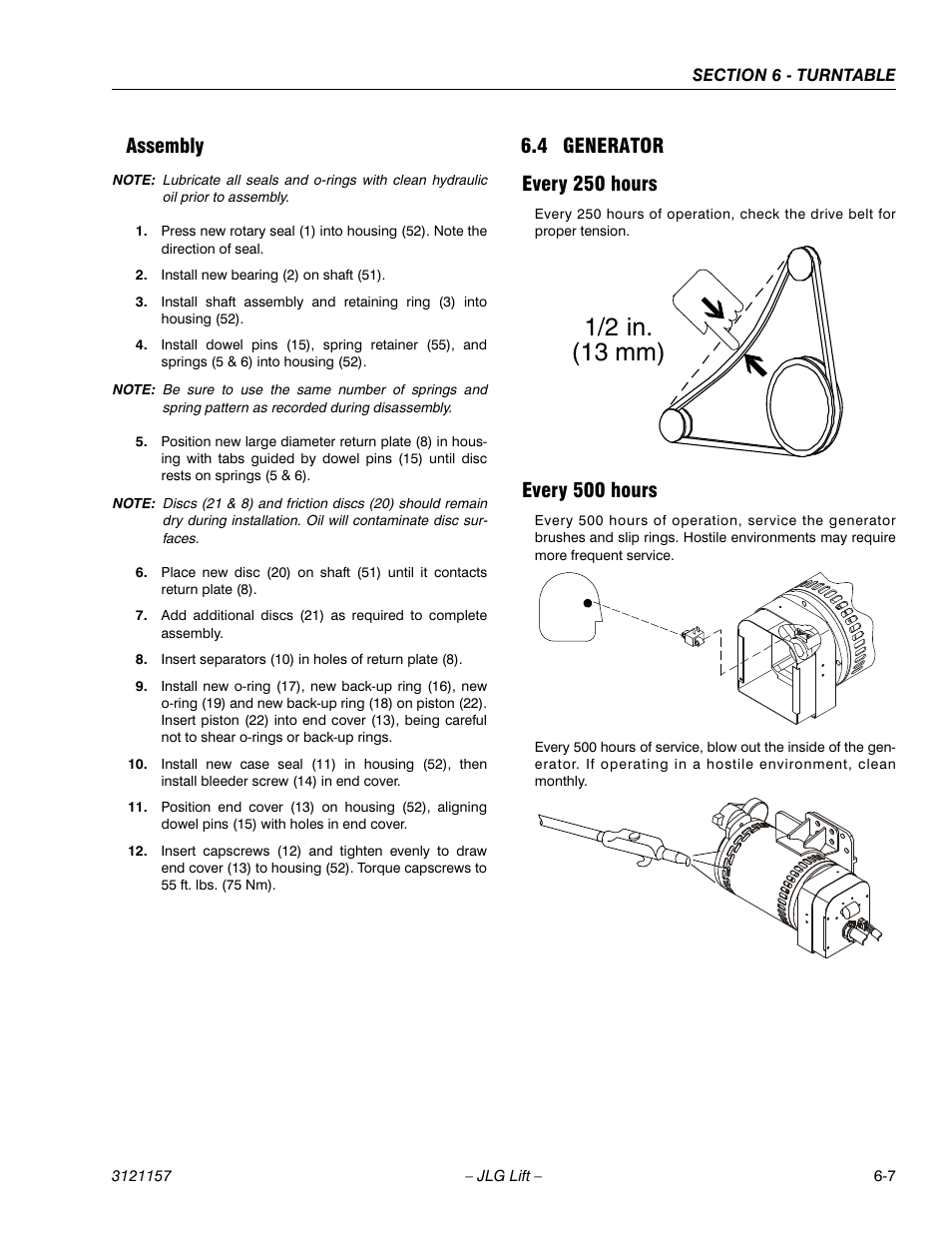 Assembly, 4 generator, Every 250 hours | Every 500 hours, Assembly -7, Generator -7, Every 250 hours -7 every 500 hours -7, 1/2 in. (13 mm), 4 generator every 250 hours | JLG 600SC_660SJC Service Manual User Manual | Page 153 / 406