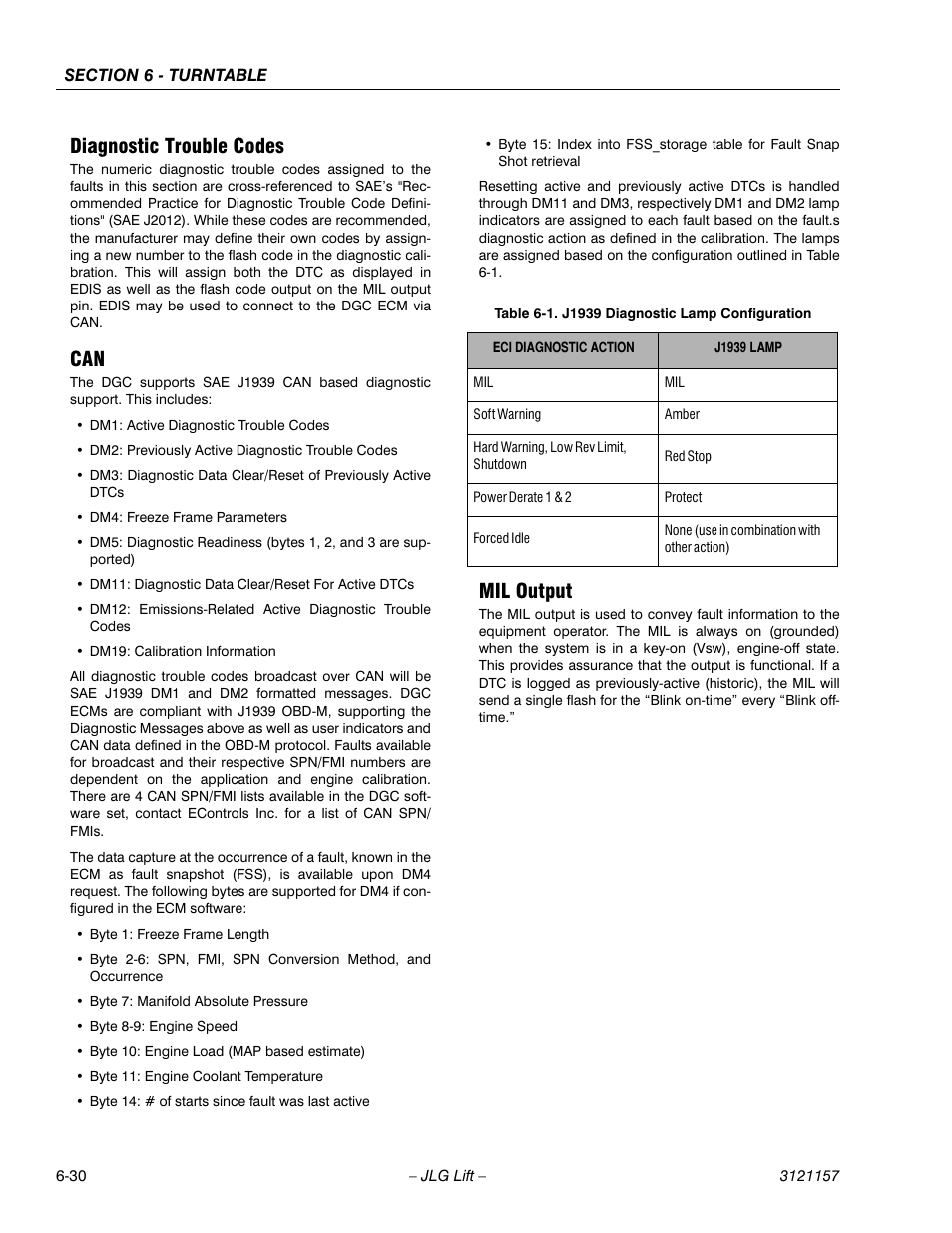 Diagnostic trouble codes, Mil output, J1939 diagnostic lamp configuration -30 | JLG 600SC_660SJC Service Manual User Manual | Page 176 / 406