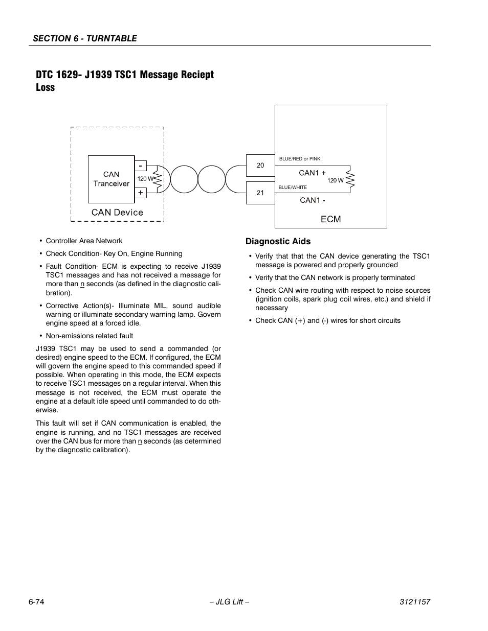 Dtc 1629- j1939 tsc1 message reciept loss, Dtc 1629- j1939 tsc1 message reciept loss -74 | JLG 600SC_660SJC Service Manual User Manual | Page 220 / 406