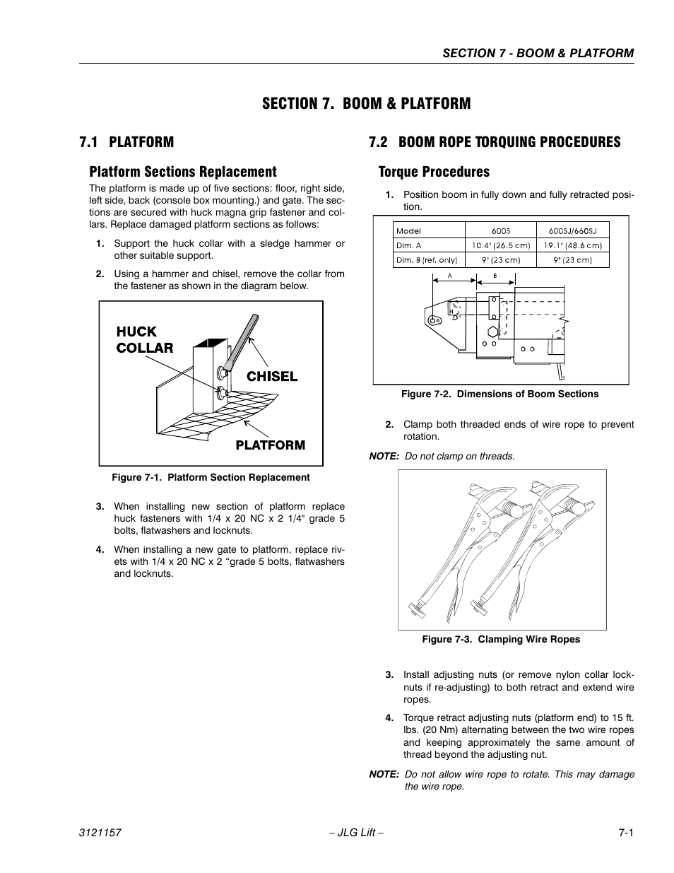 Section 7. boom & platform, 1 platform, Platform sections replacement | 2 boom rope torquing procedures, Torque procedures, Section 7 - boom & platform, Platform -1, Platform sections replacement -1, Boom rope torquing procedures -1, Torque procedures -1 | JLG 600SC_660SJC Service Manual User Manual | Page 227 / 406