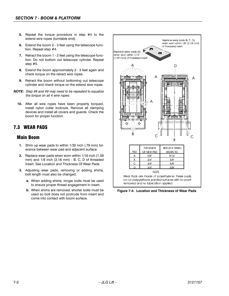 3 wear pads, Main boom, Wear pads -2 | Main boom -2, Location and thickness of wear pads -2, 3 wear pads main boom | JLG 600SC_660SJC Service Manual User Manual | Page 228 / 406