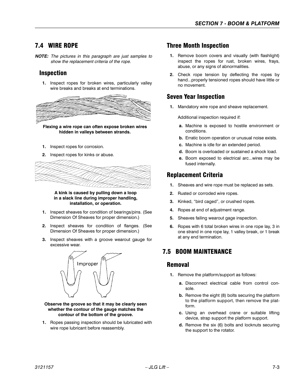 4 wire rope, Inspection, Three month inspection | Seven year inspection, Replacement criteria, 5 boom maintenance, Removal, Wire rope -3, Boom maintenance -3, Removal -3 | JLG 600SC_660SJC Service Manual User Manual | Page 229 / 406