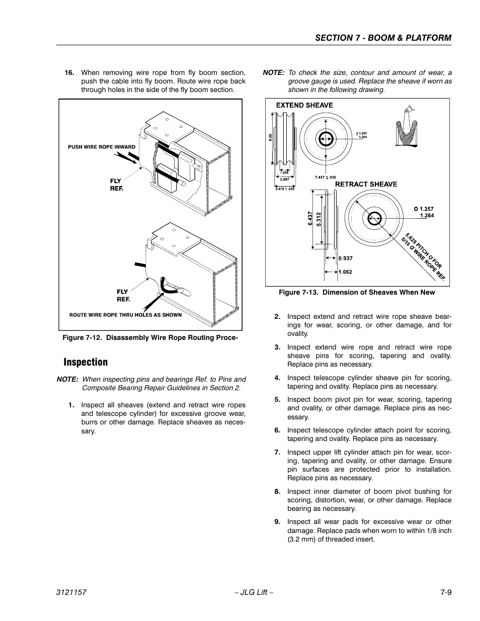 Inspection, Inspection -9, Disassembly wire rope routing procedure -9 | Dimension of sheaves when new -9 | JLG 600SC_660SJC Service Manual User Manual | Page 235 / 406