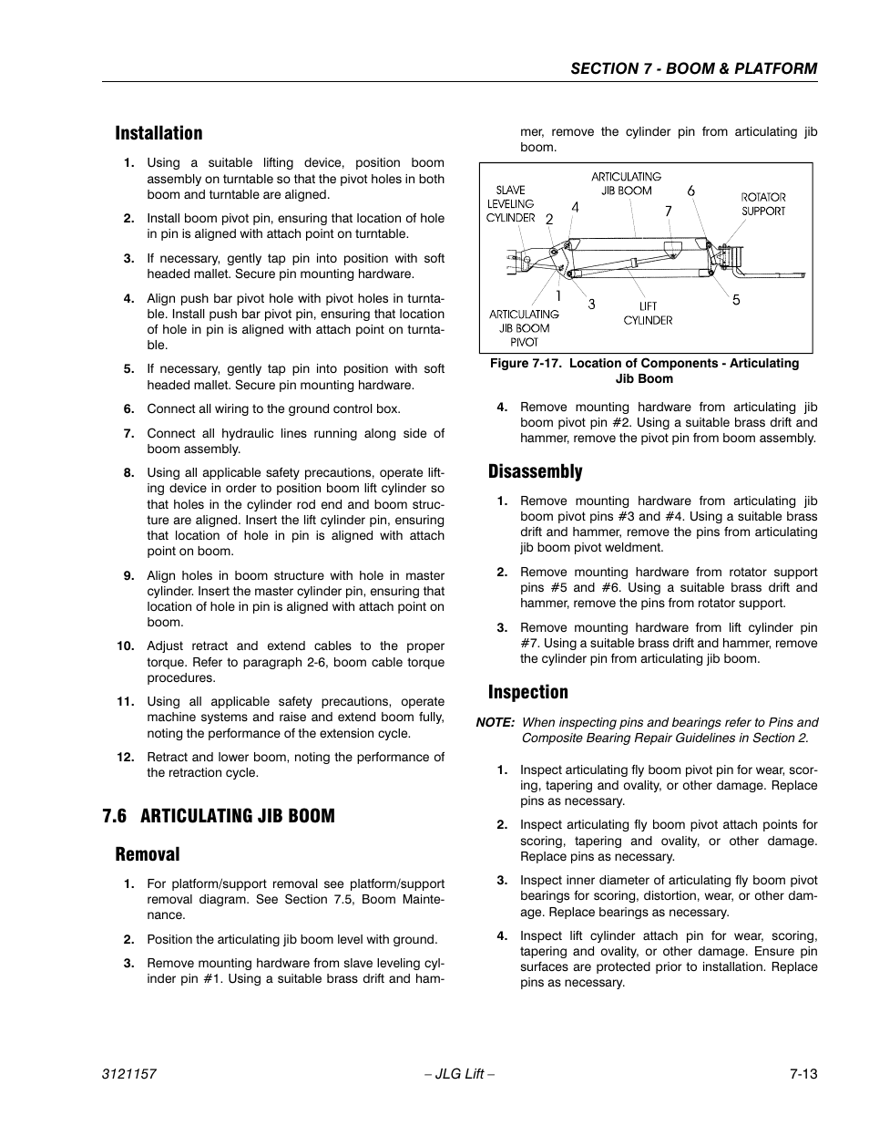 Installation, 6 articulating jib boom, Removal | Disassembly, Inspection, Installation -13, Articulating jib boom -13, Removal -13 disassembly -13 inspection -13, Location of components - articulating jib boom -13, 6 articulating jib boom removal | JLG 600SC_660SJC Service Manual User Manual | Page 239 / 406