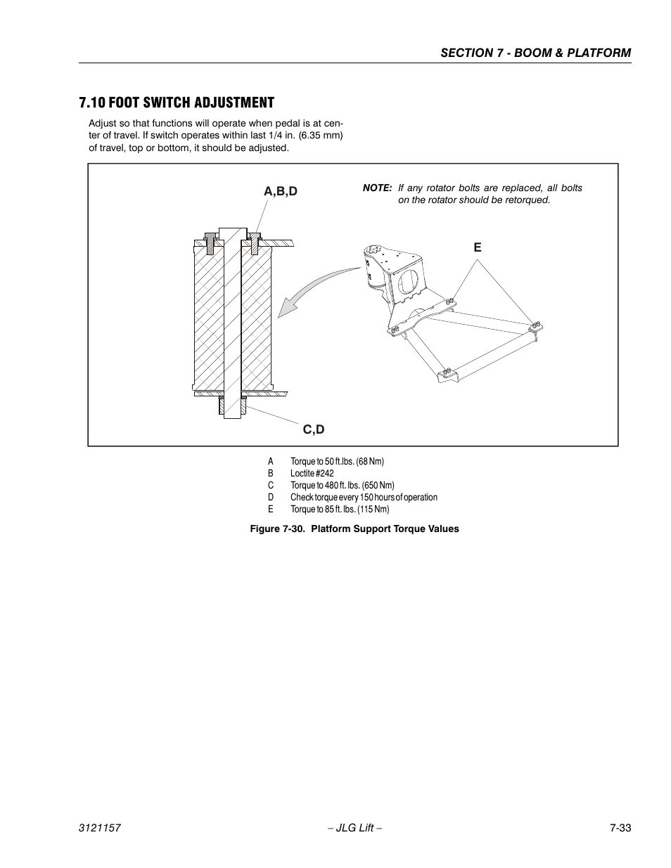 10 foot switch adjustment, Foot switch adjustment -33, Platform support torque values -33 | JLG 600SC_660SJC Service Manual User Manual | Page 259 / 406