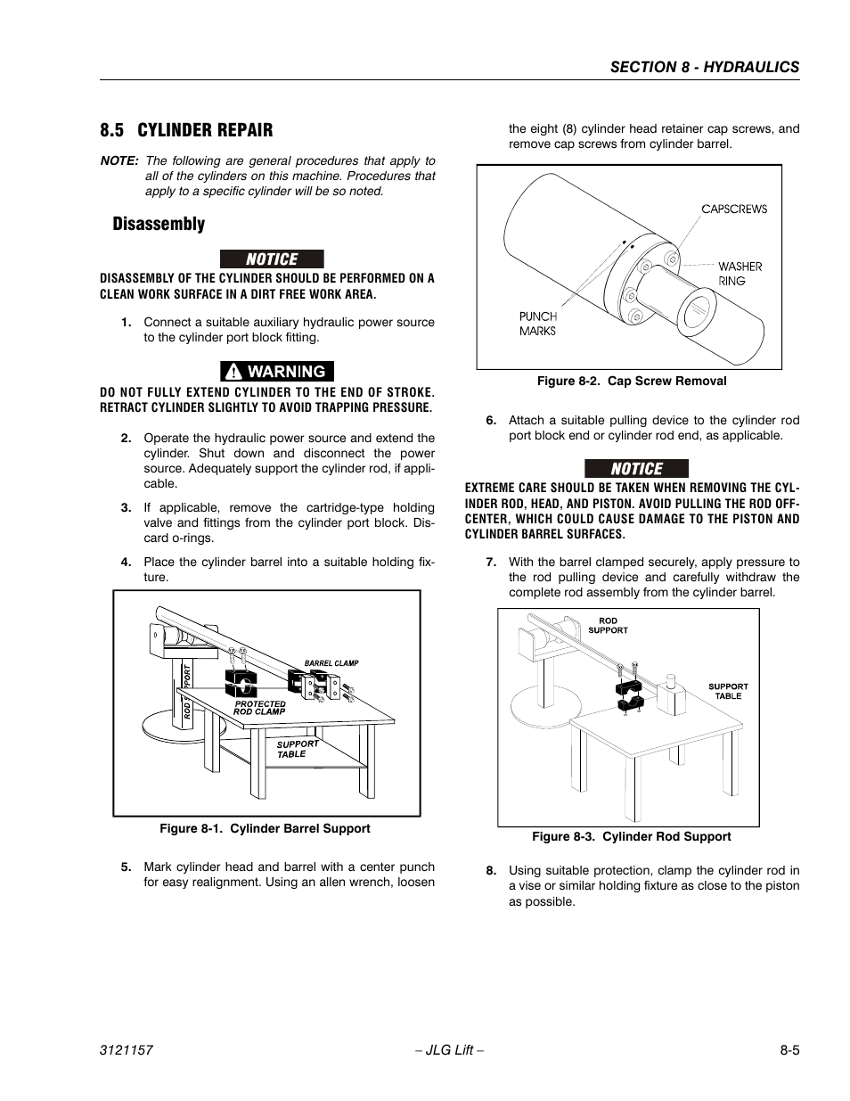 5 cylinder repair, Disassembly, Cylinder repair -5 | Disassembly -5, Cylinder barrel support -5, Cap screw removal -5, Cylinder rod support -5 | JLG 600SC_660SJC Service Manual User Manual | Page 265 / 406