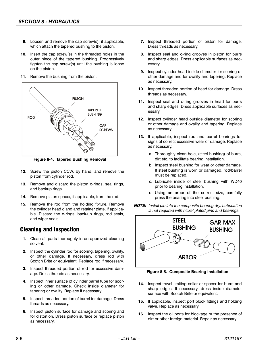 Cleaning and inspection, Cleaning and inspection -6, Tapered bushing removal -6 | Composite bearing installation -6 | JLG 600SC_660SJC Service Manual User Manual | Page 266 / 406