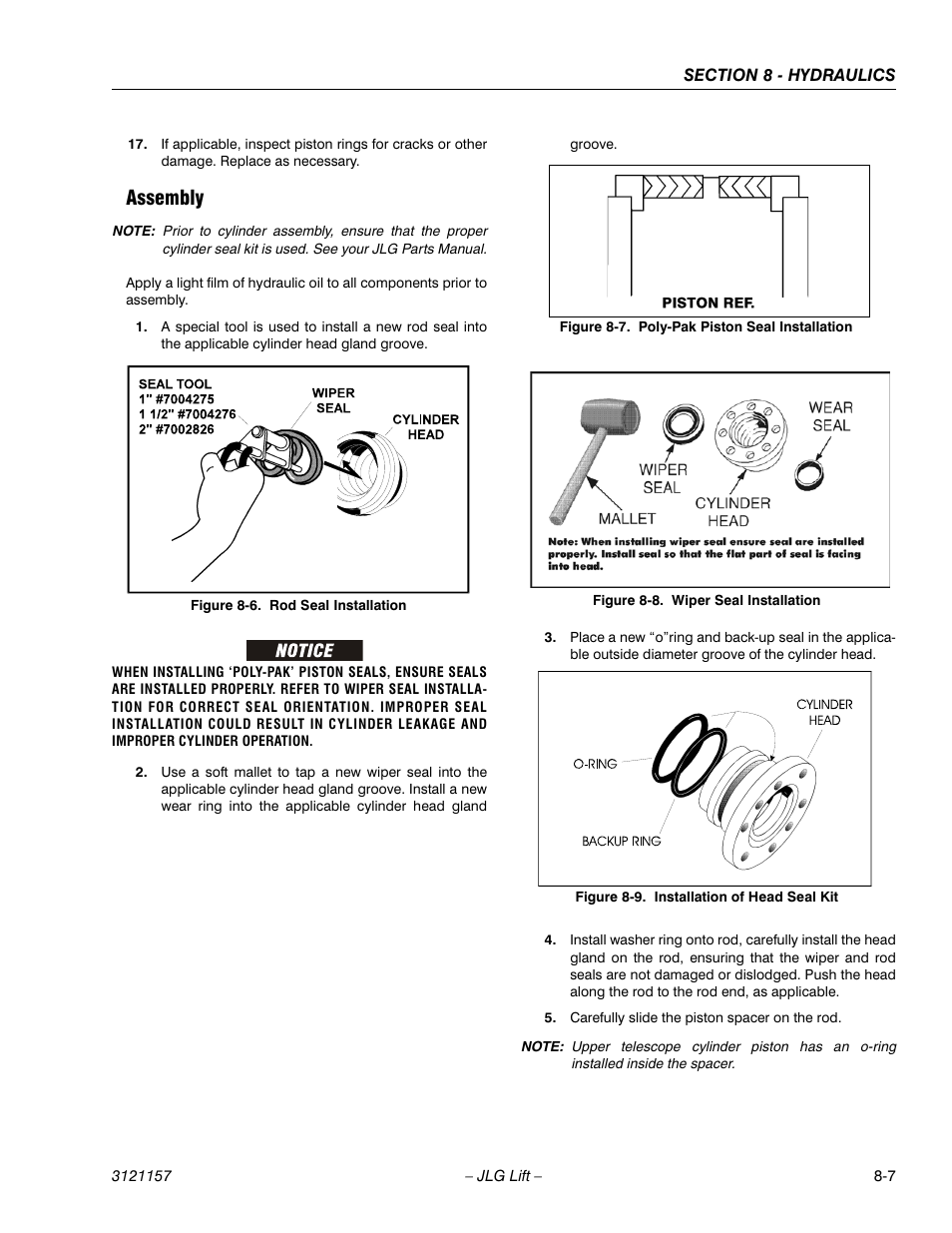 Assembly, Assembly -7, Rod seal installation -7 | Poly-pak piston seal installation -7, Wiper seal installation -7, Installation of head seal kit -7 | JLG 600SC_660SJC Service Manual User Manual | Page 267 / 406