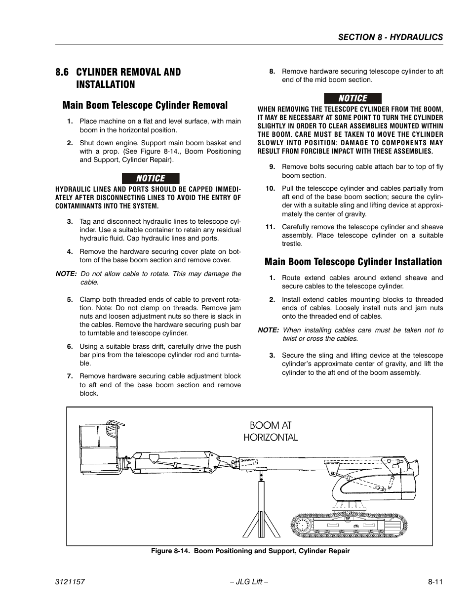 6 cylinder removal and installation, Main boom telescope cylinder removal, Main boom telescope cylinder installation | Cylinder removal and installation -11, Boom positioning and support, cylinder repair -11 | JLG 600SC_660SJC Service Manual User Manual | Page 271 / 406