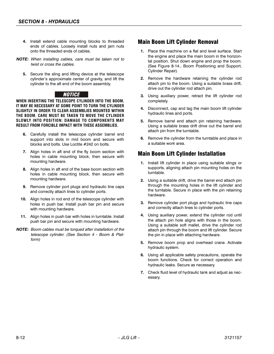 Main boom lift cylinder removal, Main boom lift cylinder installation | JLG 600SC_660SJC Service Manual User Manual | Page 272 / 406