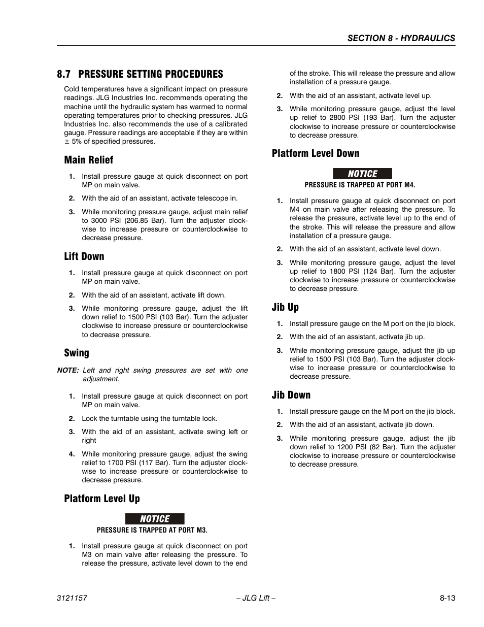 7 pressure setting procedures, Main relief, Lift down | Swing, Platform level up, Platform level down, Jib up, Jib down, Pressure setting procedures -13 | JLG 600SC_660SJC Service Manual User Manual | Page 273 / 406