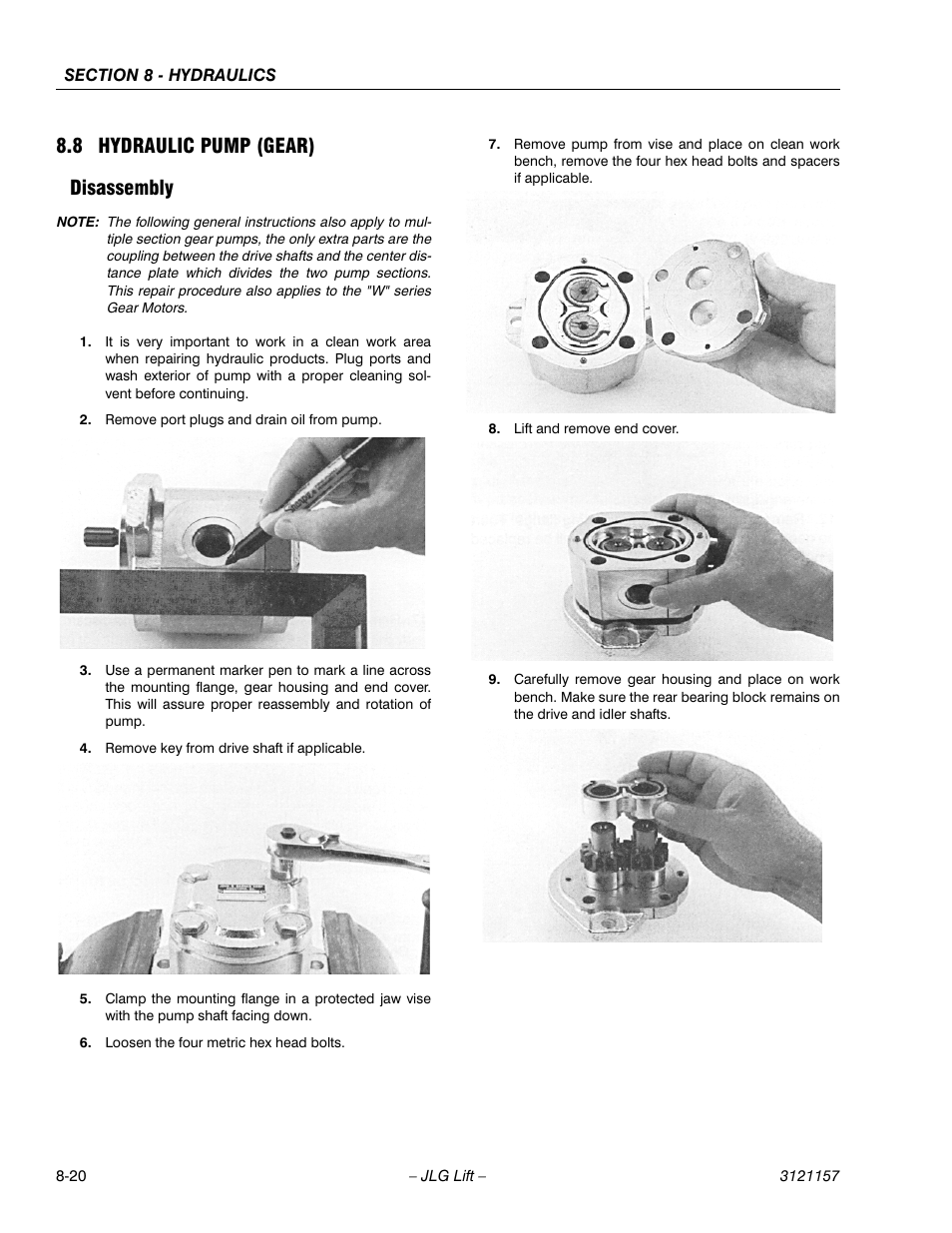 8 hydraulic pump (gear), Disassembly, Hydraulic pump (gear) -20 | Disassembly -20, 8 hydraulic pump (gear) disassembly | JLG 600SC_660SJC Service Manual User Manual | Page 280 / 406