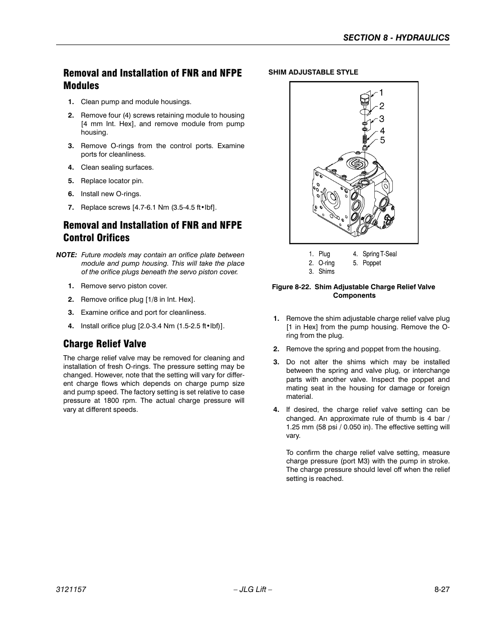 Removal and installation of fnr and nfpe modules, Charge relief valve, Shim adjustable charge relief valve components -27 | JLG 600SC_660SJC Service Manual User Manual | Page 287 / 406